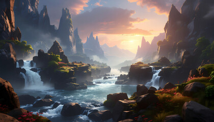 An epic digital art landscape featuring a winding river, multiple waterfalls, and jagged mountain peaks illuminated by a warm golden sunset glow.