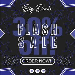 Big Deals Flash Sale discount Off Banner. Dark blue and black background with stars pattern. Vector marketing design with shopping icons.