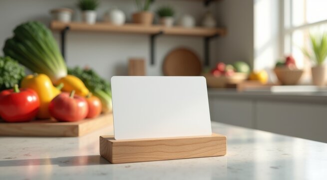 Blank card on a wooden stand in the kitchen gift card concept food background