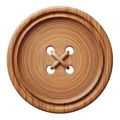 Wooden button with brown thread and white holes on a plain Transparent background for sewing and fashion design, isolated wooden button with brown thread and white holes for clothing and textile