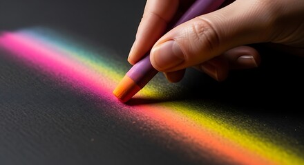 Hand drawing vibrant rainbow line using pastel crayon on black paper