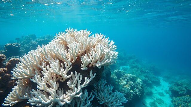 zooxanthellae. White coral reef in clear ocean water with sunlight filtering from above. ESG reports, sustainability campaigns, designed for environmental awareness campaigns, used by chefs.