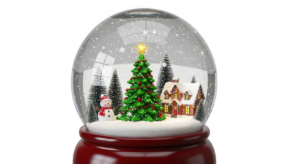 Christmas scene inside a snow globe with tree and house isolated on transparent background