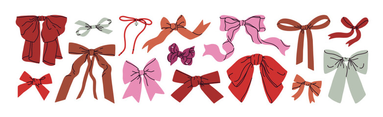 Naklejka na ściany i meble Festive bows and ribbons set. Elegant textile design elements. Feminine coquette accessories and knot tie decorations for hair or holiday gifts. Drawn vector illustrations isolated on white background
