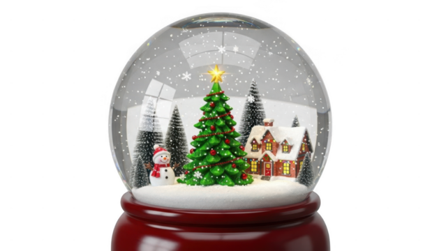 Christmas scene inside a snow globe with tree and house isolated on transparent background - Powered by Adobe