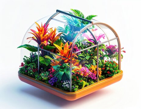 Colorful miniature greenhouse filled with vibrant tropical plants, white bkg