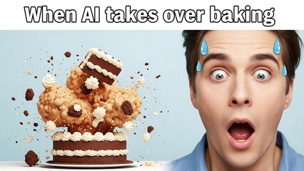 Man reacts to AI baking mishap.