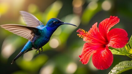 Fototapeta premium Hummingbird feeding on hibiscus flower