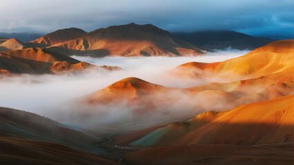 Sunlit mountain ridges rise above a sea of clouds in a dramatic desert landscape at dawn