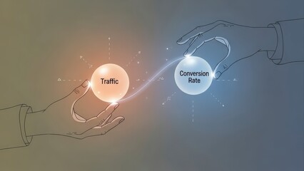 Digital illustration of hands exchanging glowing orbs representing website traffic and conversion rate.