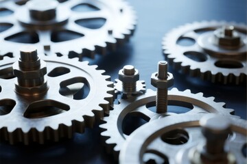 Close-up of metallic gears and bolts arranged on a dark surface, showcasing mechanical components in detail.