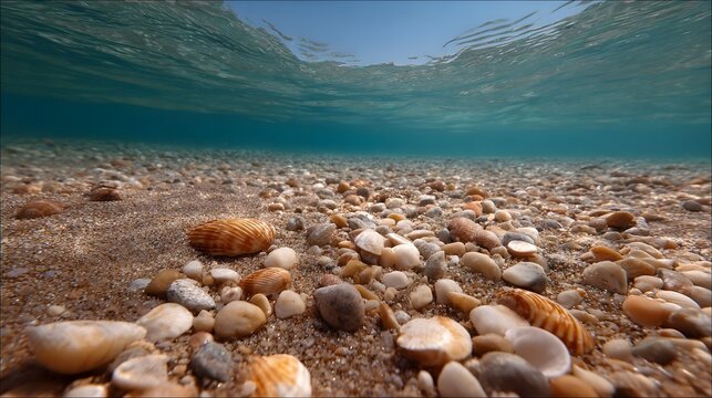 A clear shallow underwater view reveals a sandy seabed richly adorned with colorful pebbles stones and natural seashells with gentle water ripples on - Powered by Adobe
