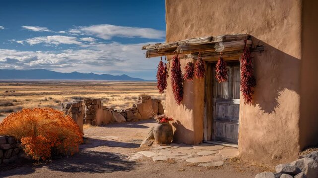 4K Traditional adobe home entrance with hanging red chili peppers ristras in new mexico landscape under blue sky video
