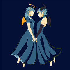 Two girls, an angel and a demon, looking at each other. Gemini zodiac sign. Vector illustration.