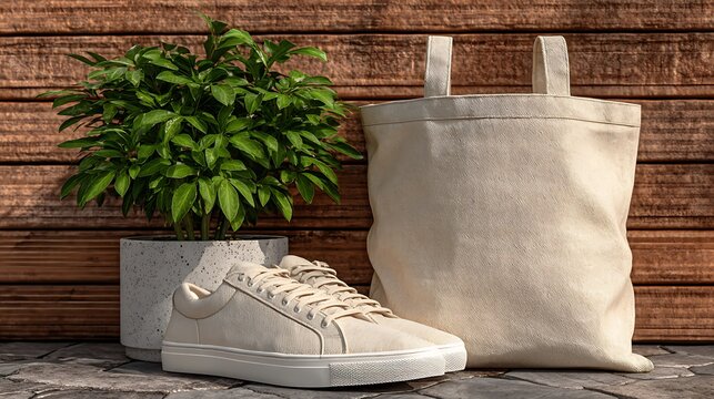 Eco-friendly beige canvas sneakers and tote bag with green plant outdoors