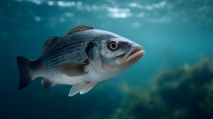 Fototapeta premium A detailed close up of a silver scaled fish swimming gracefully in clear blue ocean water with sunlight rays filtering from above