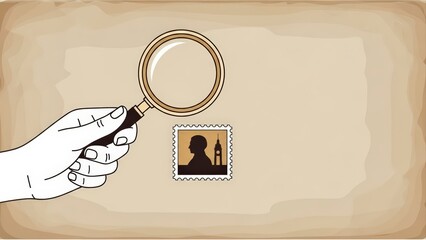 Hand holding magnifying glass examining a postage stamp with a silhouette of a person and a building.