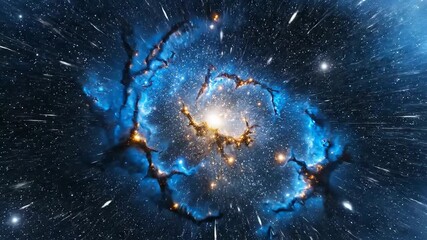 A breathtaking cosmic journey through a vibrant blue and gold nebula showcasing the immense beauty and dynamic energy of a distant galaxy with streaks of light suggesting warp speed travel or stellar. - Powered by Adobe