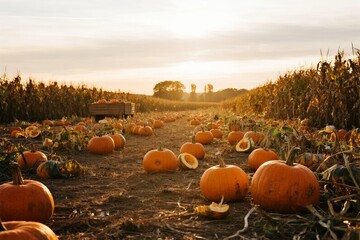 Pumpkin field at sunset with scattered pumpkins and a wooden cart in a rural autumn landscape