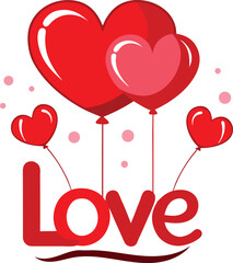 Red heart-shaped balloons floating above the word love against a dark background vector graphic