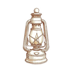 Sketch of cozy vintage oil lamp by watercolor and line. Hand drawing illustration isolated on white background
