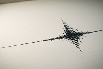 Seismograph waveform with sharp black spikes on light graph paper background showing earthquake activity or sound vibration pattern detail. Ai generative