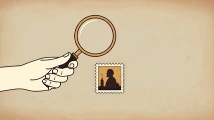 Hand holding magnifying glass examining a postage stamp with a silhouette of a person.