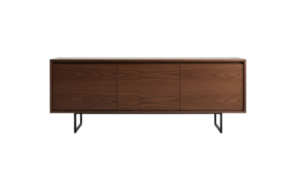 Front elevation of a contemporary credenza or sideboard used in a dining room setting isolated on white background