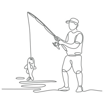 Fishing hand drawn outline doodle icon. Man fishing with rod vector sketch illustration.