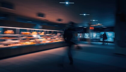 Blurry bakery: a snapshot of a bakery interior with a blurred figure in motion, exuding an ambiance of both urgency and mystery. The scene highlights the dynamic of everyday life in a urban setting.