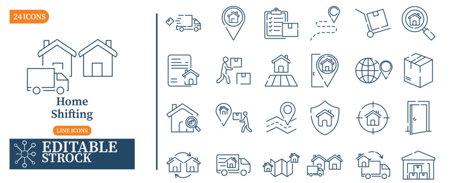 Home Shifting and Relocation Line Icons Set &ndash; Editable Stroke Vector Icons for Moving Services, Delivery, Logistics and Real Estate