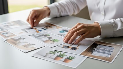 Creative professional organizing and reviewing printed photographs on a white desk.