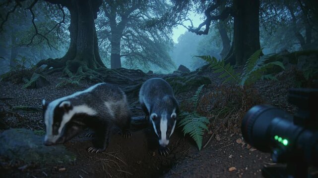 Two badgers digging in a dark forest with night vision camera tracking their movement for wildlife observation.