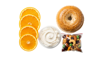 sliced oranges with bagel and snacks on white transparent background