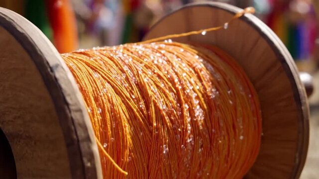 Close up of a large wooden spool wound with bright orange string or cord glistening with tiny reflective particles in bright outdoor sunlight with a blurred background of colorful objects suggesting