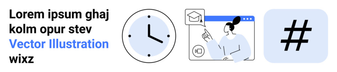 Obraz premium Clock symbolizing time efficiency, person interacting with online learning tools, and a metadata tag for digital trends. Ideal for time optimization, e-learning, technology, productivity, social