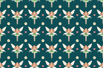 Magical fairy girl pattern with floral elements and stars . Fairytale fairy seamless pattern in cute style
Spring fairy pattern with flowers on dark background