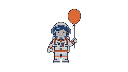 Obraz premium Cartoon astronaut in white and orange space suit holding red balloon smiling
