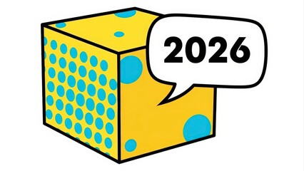 Yellow Cube with Blue Dots and 2026 Speech Bubble.