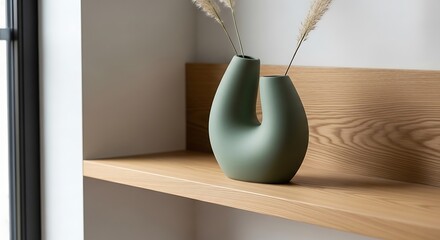 Modern artistic composition of sage vase with pampas grass on wood shelf