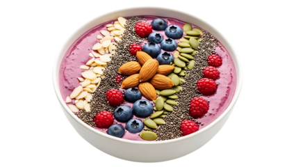 Delicious smoothie bowl with fruits and nuts toppings in a white bowl transparent background