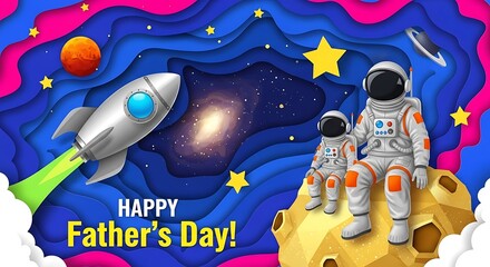Happy Fathers Day Astronauts Space Rocket Galaxy.