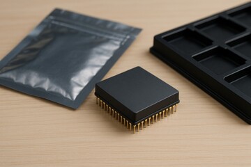 Close-up of a microchip with gold pins placed beside a black tray and metallic package on a light wooden surface.