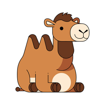 A cartoon camel sitting down with a calm expression, facing slightly to the right, depicted in a simple illustration style, resting on a plain white background, viewed from the side, as seen in  