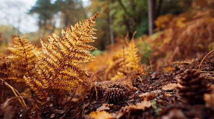 Autumn Fern and Pine Cones in Forest with Warm Sunlight and Fallen Leaves