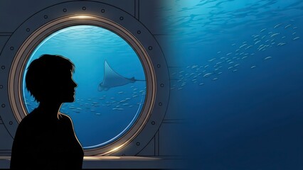 Silhouette of a woman observing a majestic manta ray through a submarines porthole, exploring the deep blue ocean.