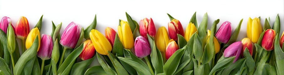 Colorful Tulip Border, Isolated on White Background.