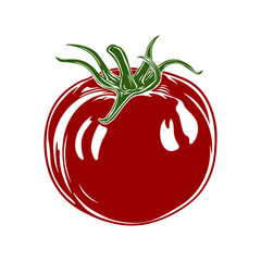 Red tomato with green stem without background.