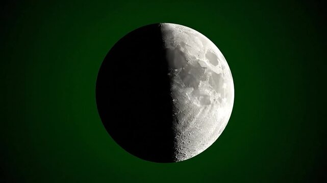 A detailed view of the moon with craters against a dark green background