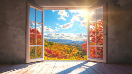 Fototapeta premium A beautiful open window framing a stunning autumn landscape filled with fall foliage, a bright blue sky, and a distant mountain range. The sunlight streams through. AI Generative